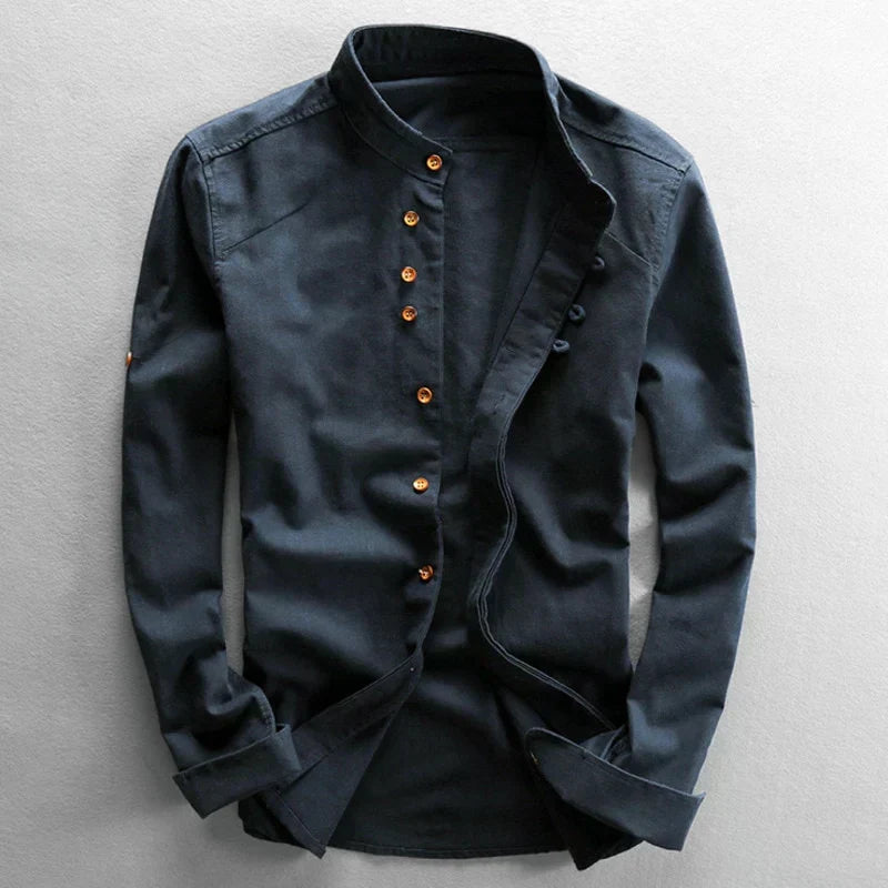 Men's Band-Collar Shirt with Long Sleeves for Everyday Wear