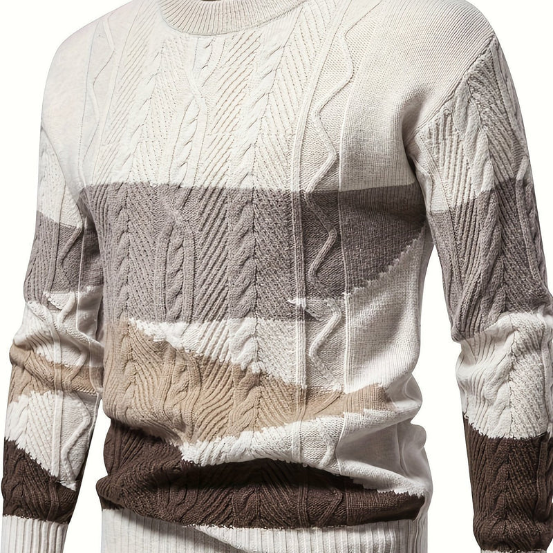Men's cable knit colour-block sweater in beige