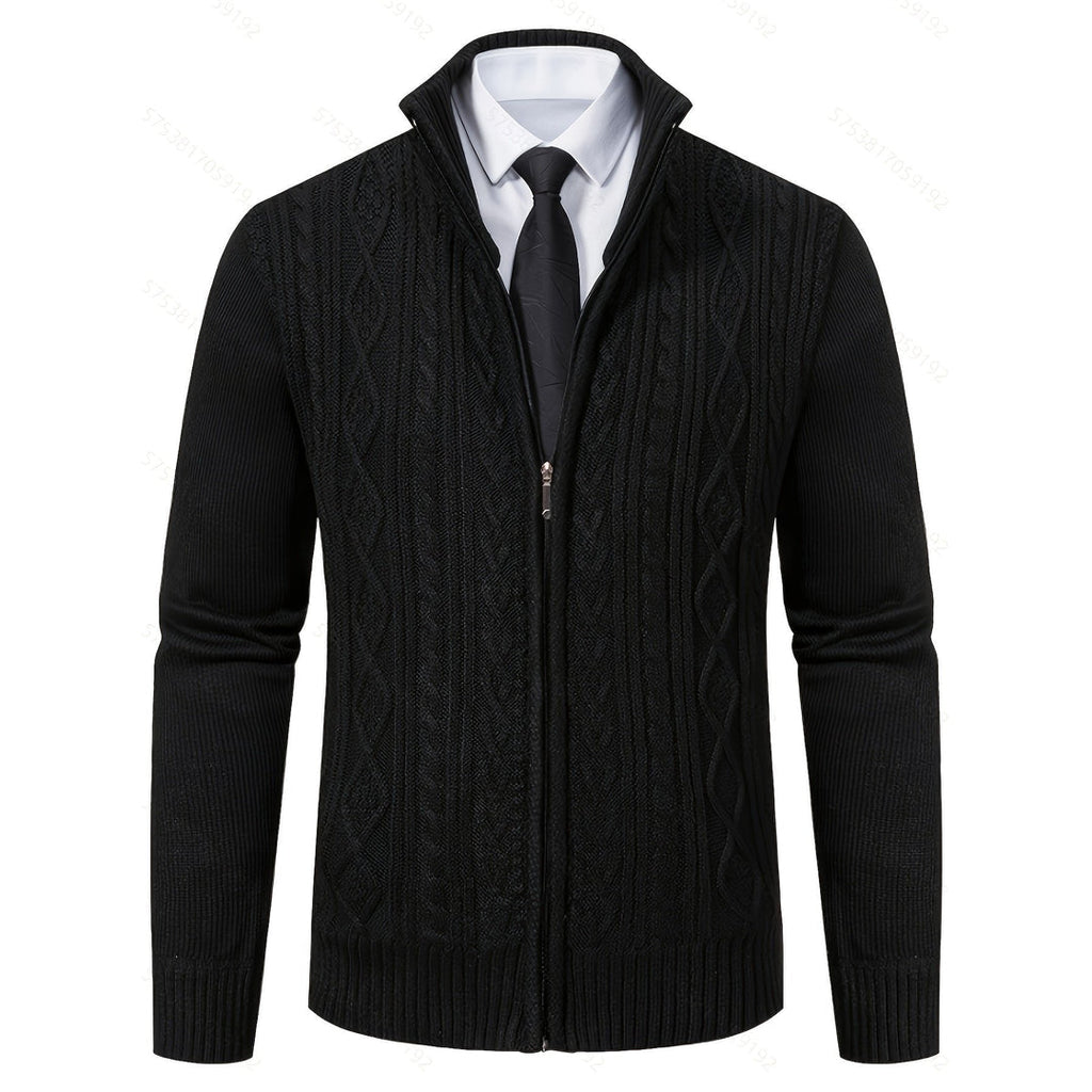 Men's black cable knit zip-up cardigan with shirt and tie