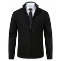 Men's black cable knit zip-up cardigan with shirt and tie