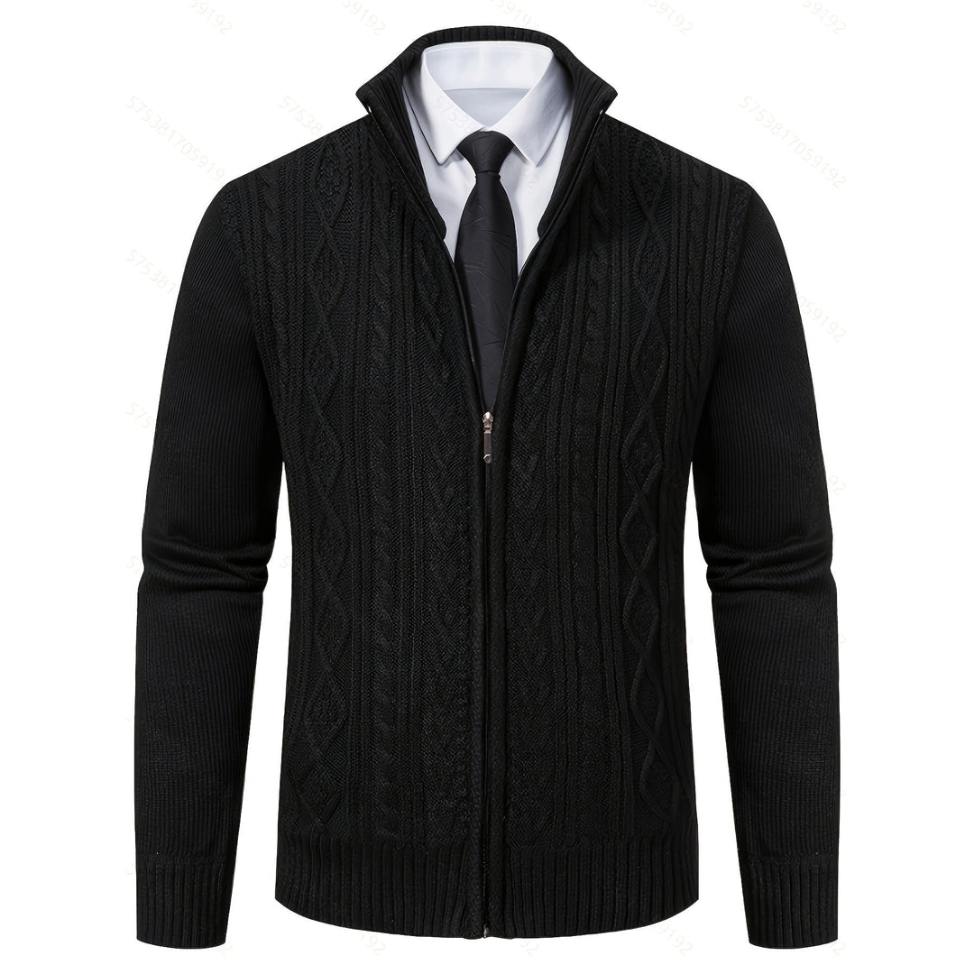 Men's black cable knit zip-up cardigan with shirt and tie