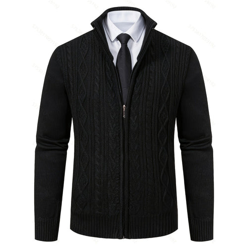 Men's black cable knit zip-up cardigan with shirt and tie