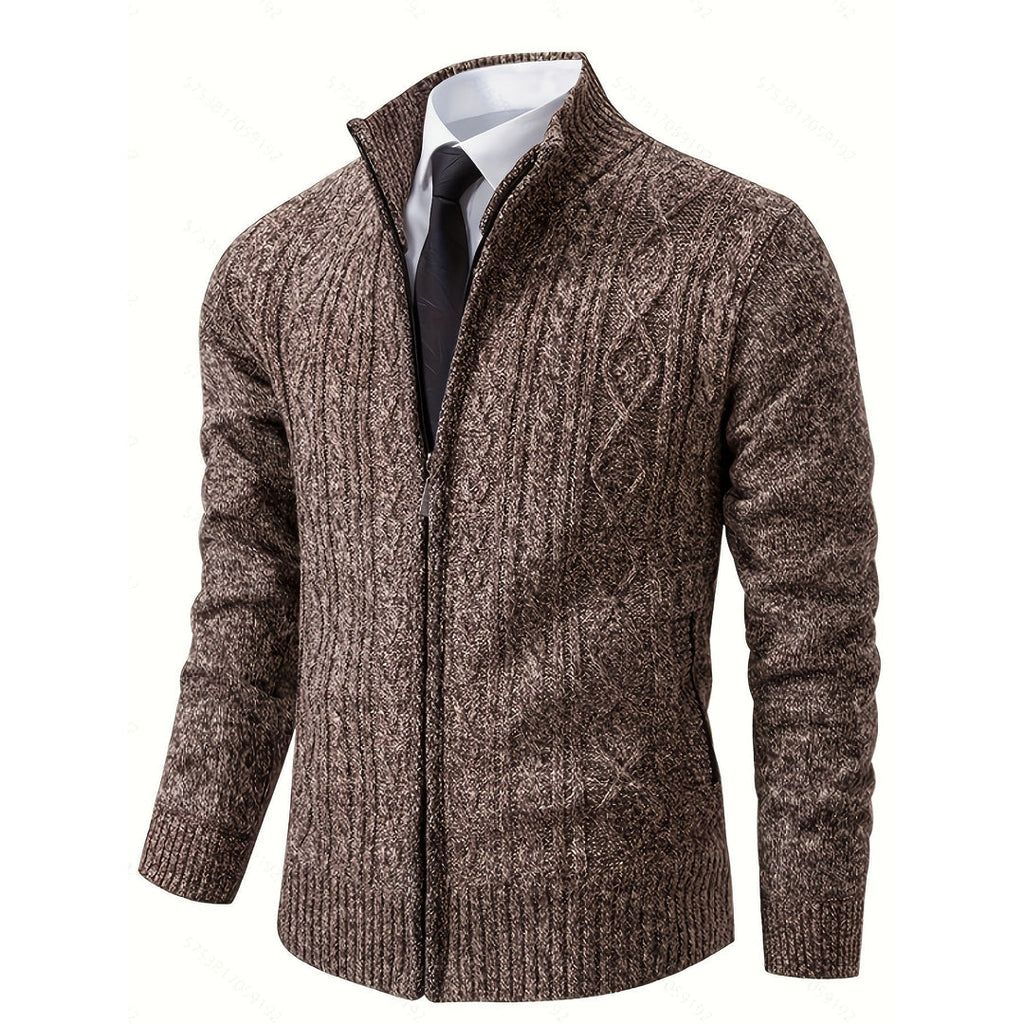 Men's brown cable knit zip-up cardigan