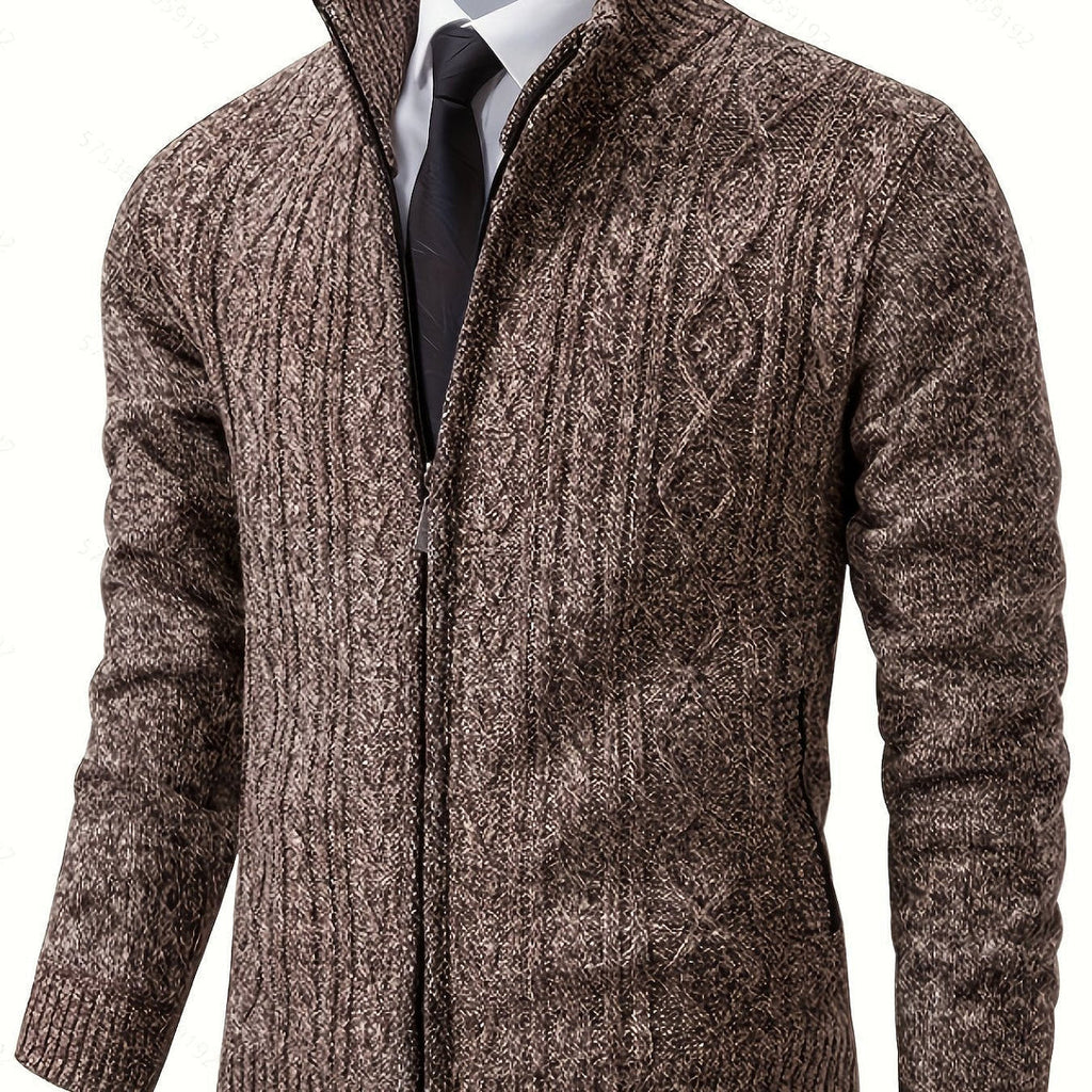 Men's brown cardigan with stand collar