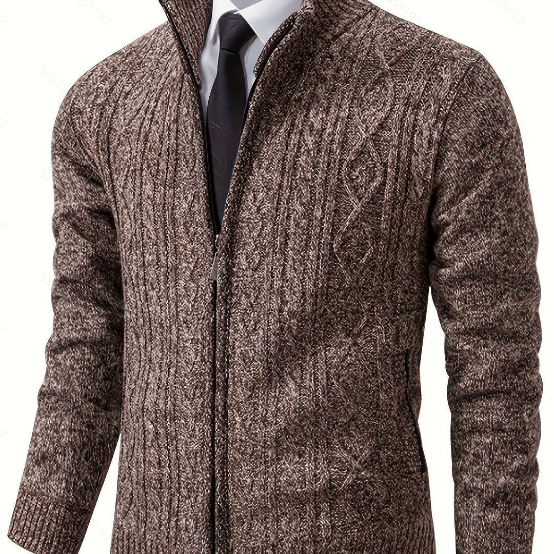 Men's brown cardigan with stand collar