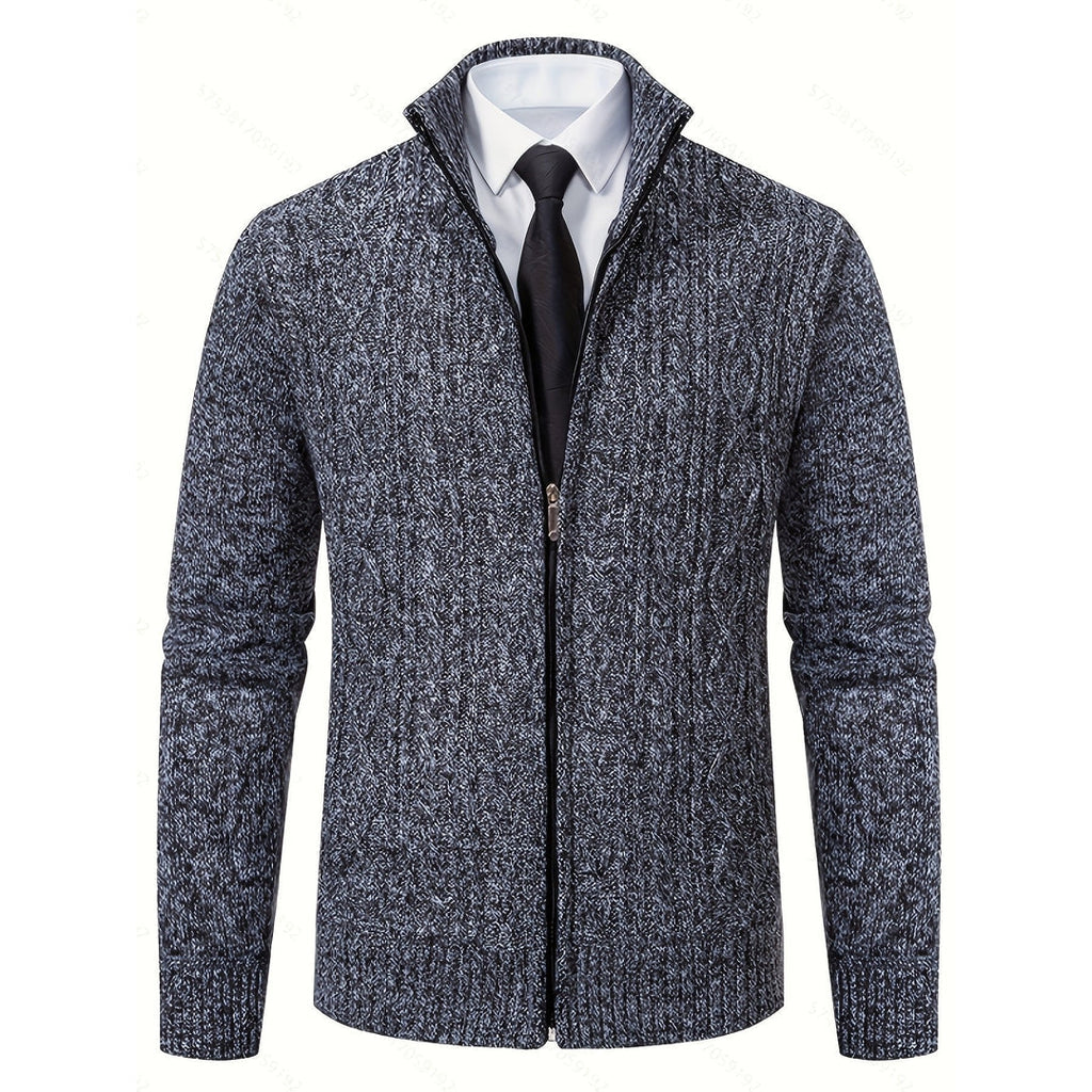 Men's dark grey cable knit zip-up cardigan