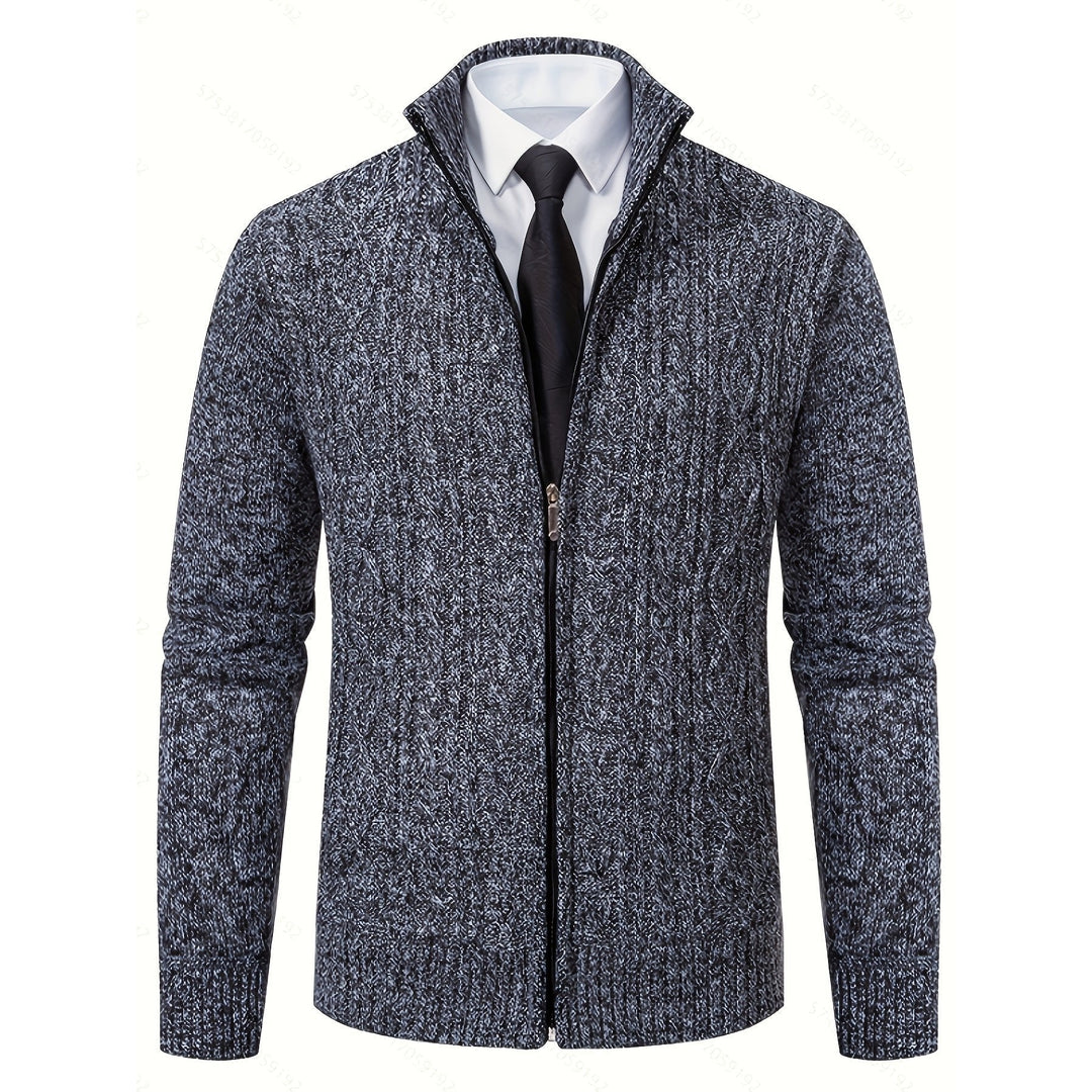 Men's dark grey cable knit zip-up cardigan