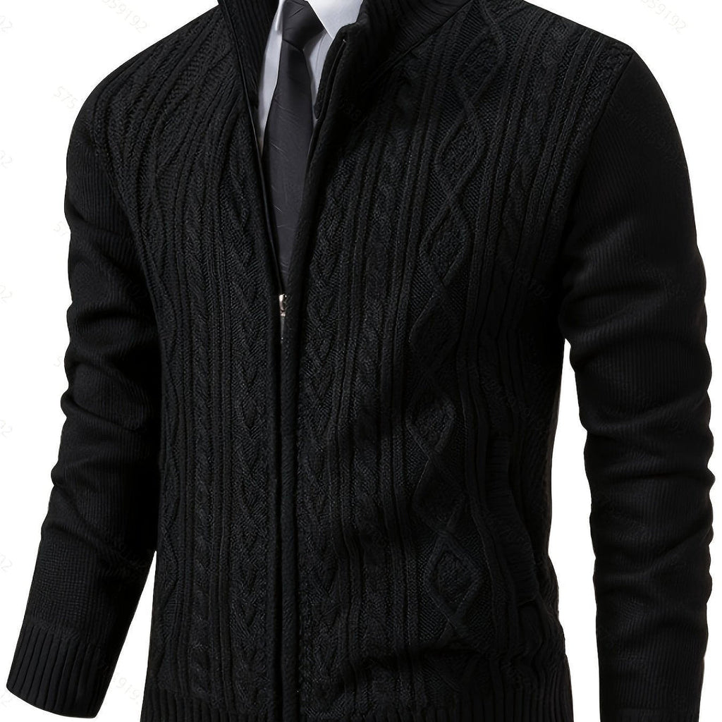 Men's black cable knit cardigan – front view