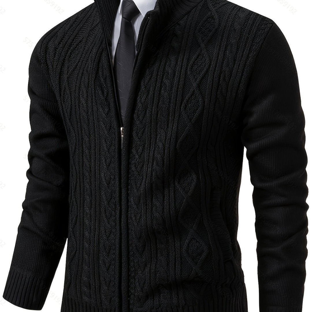 Men's black cable knit cardigan – front view