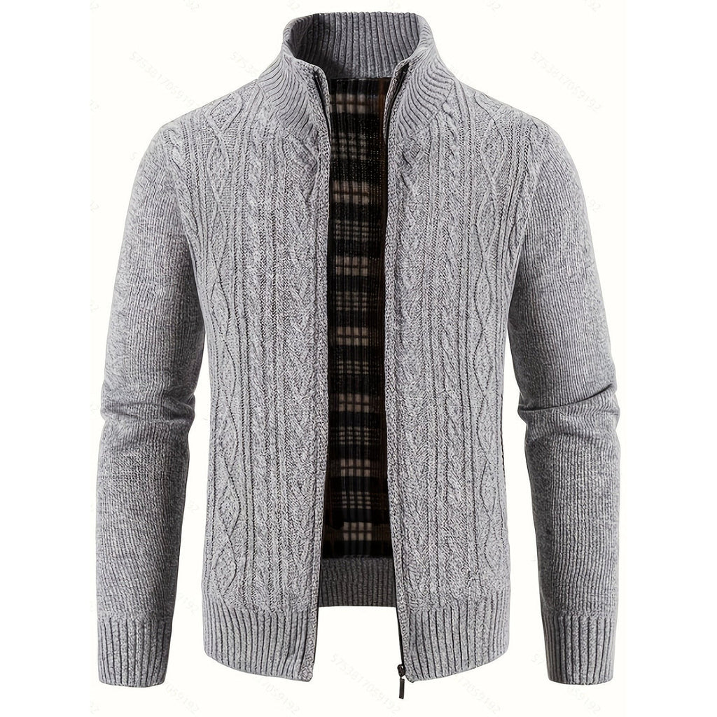 Men's light grey cable knit zip-up cardigan