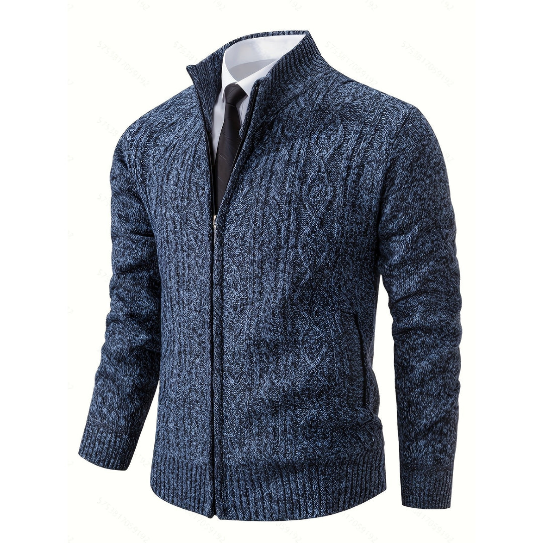 Men's blue cable knit zip-up cardigan