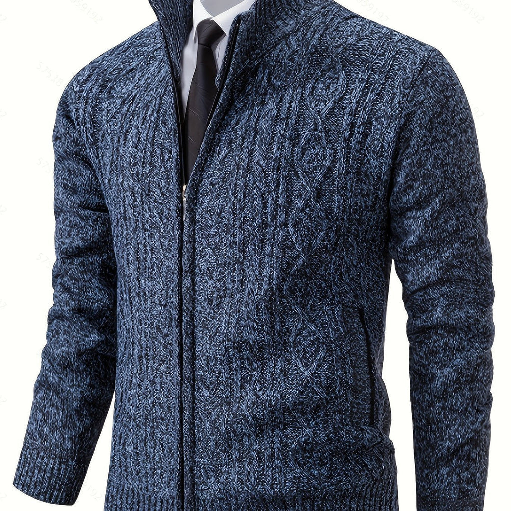Men's blue cardigan with stand collar