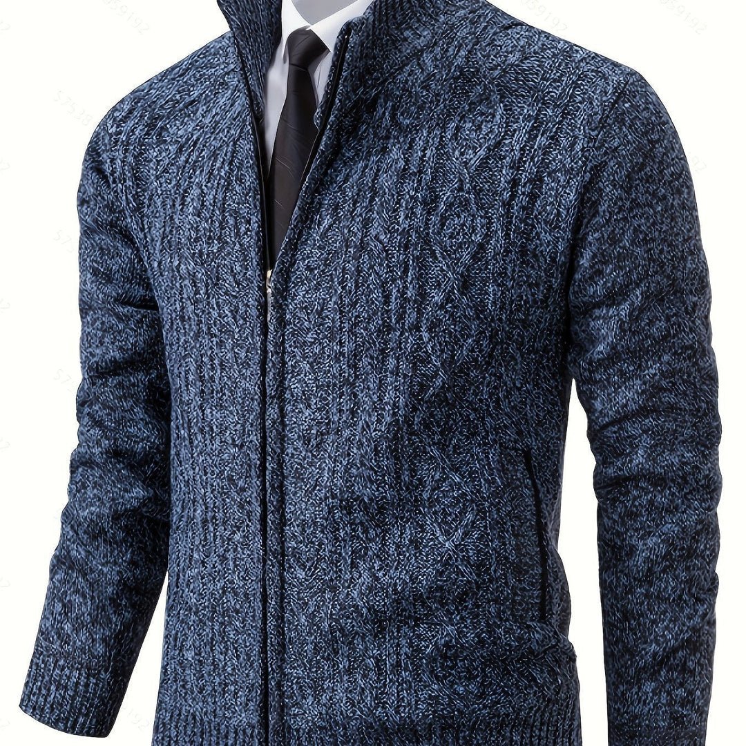 Men's blue cardigan with stand collar