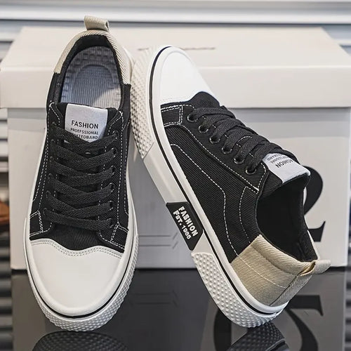Men's black canvas sneakers with white toe cap