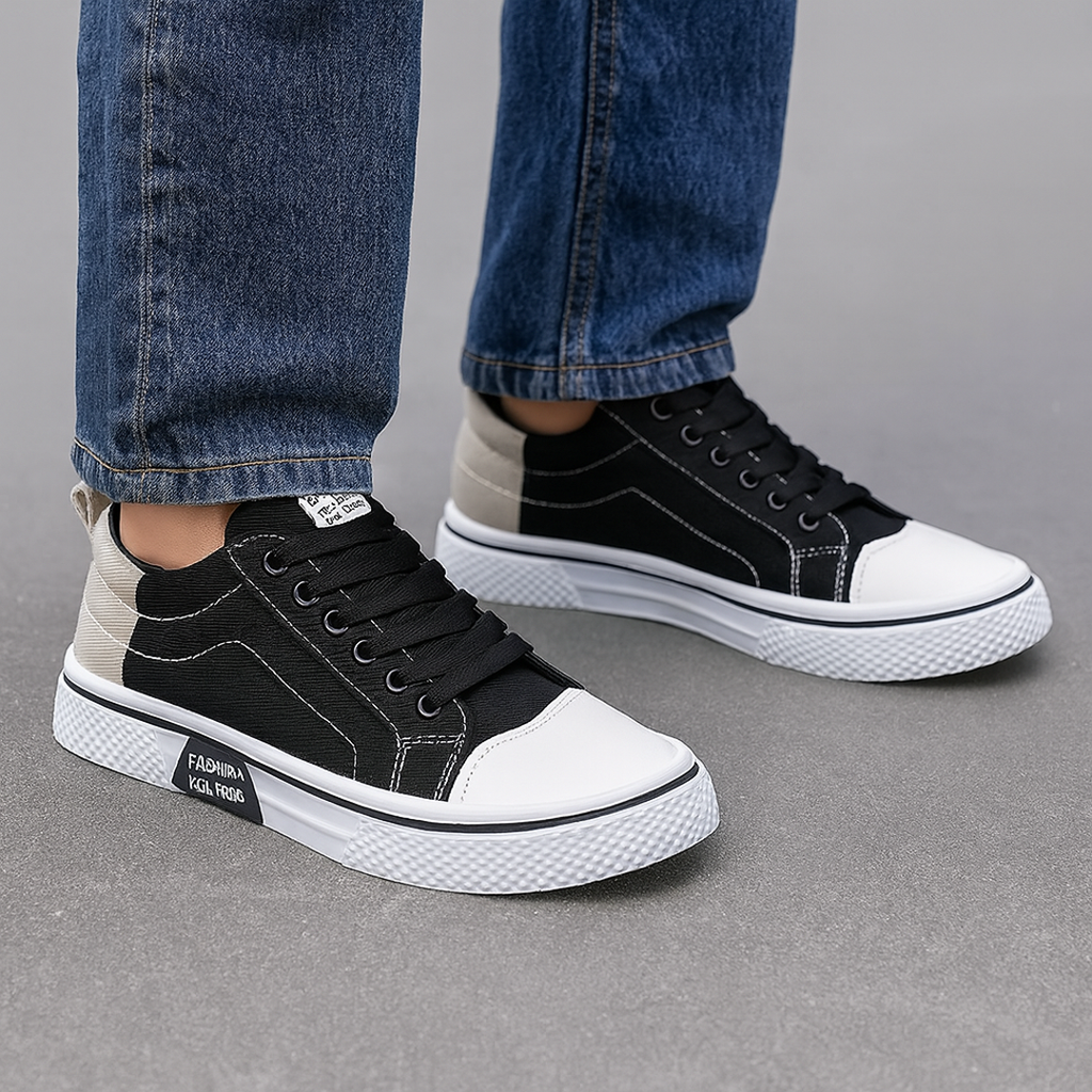 Man wearing black canvas low-top sneakers
