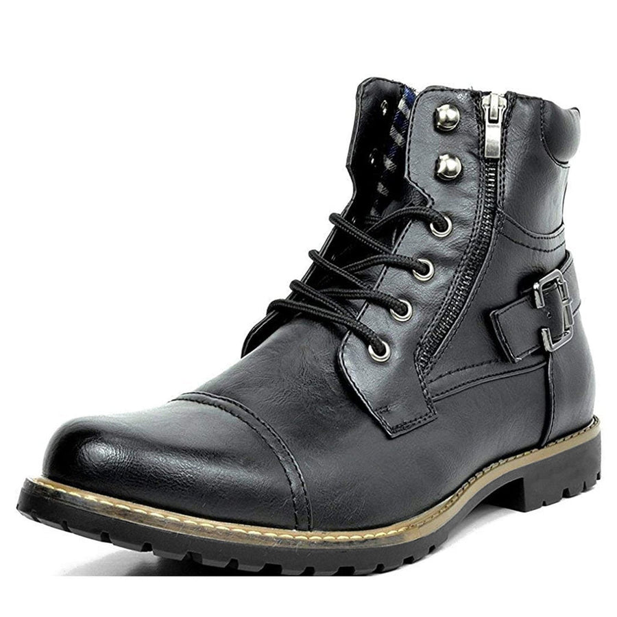 Men's Cap Toe Lace-Up Boots with Buckle Strap and Side Zip for Everyday Wear