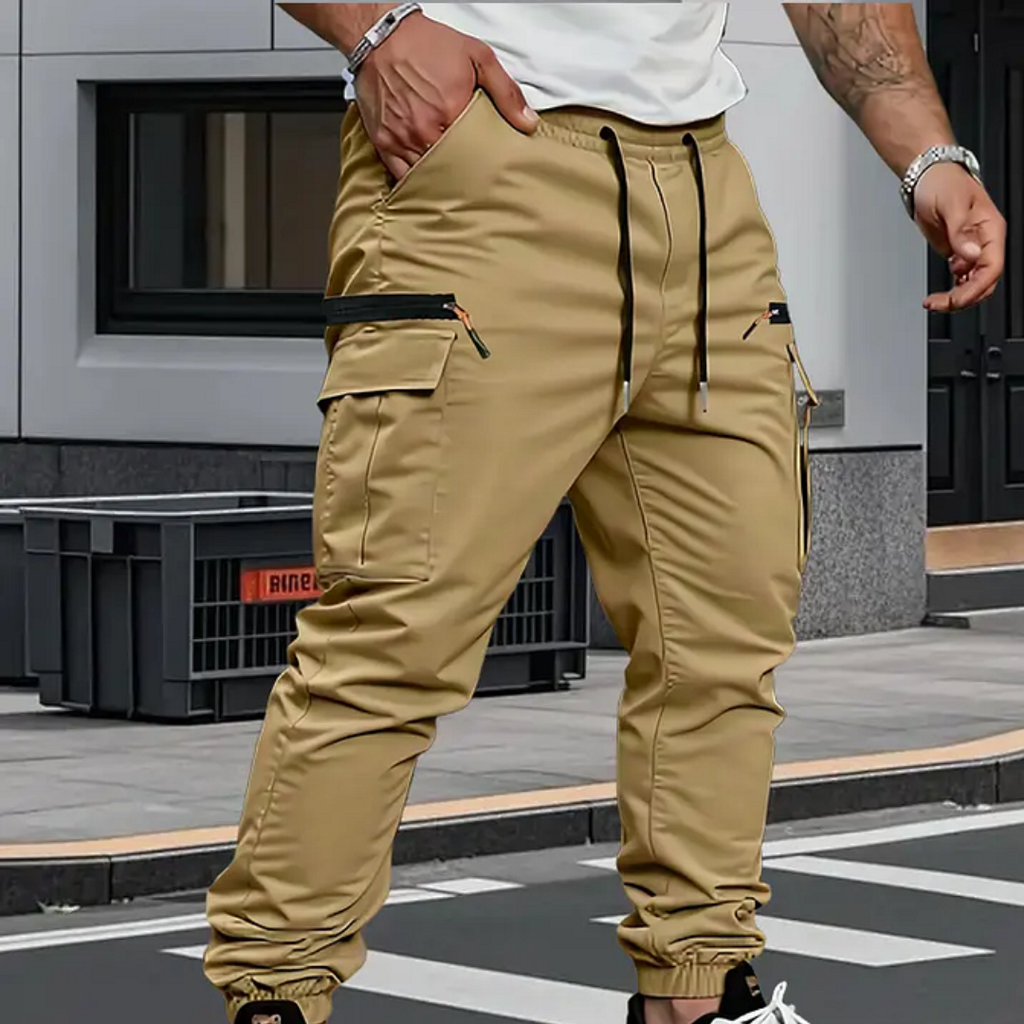 Man wearing khaki cargo joggers