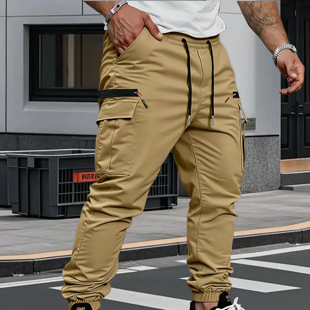 Man wearing khaki cargo joggers