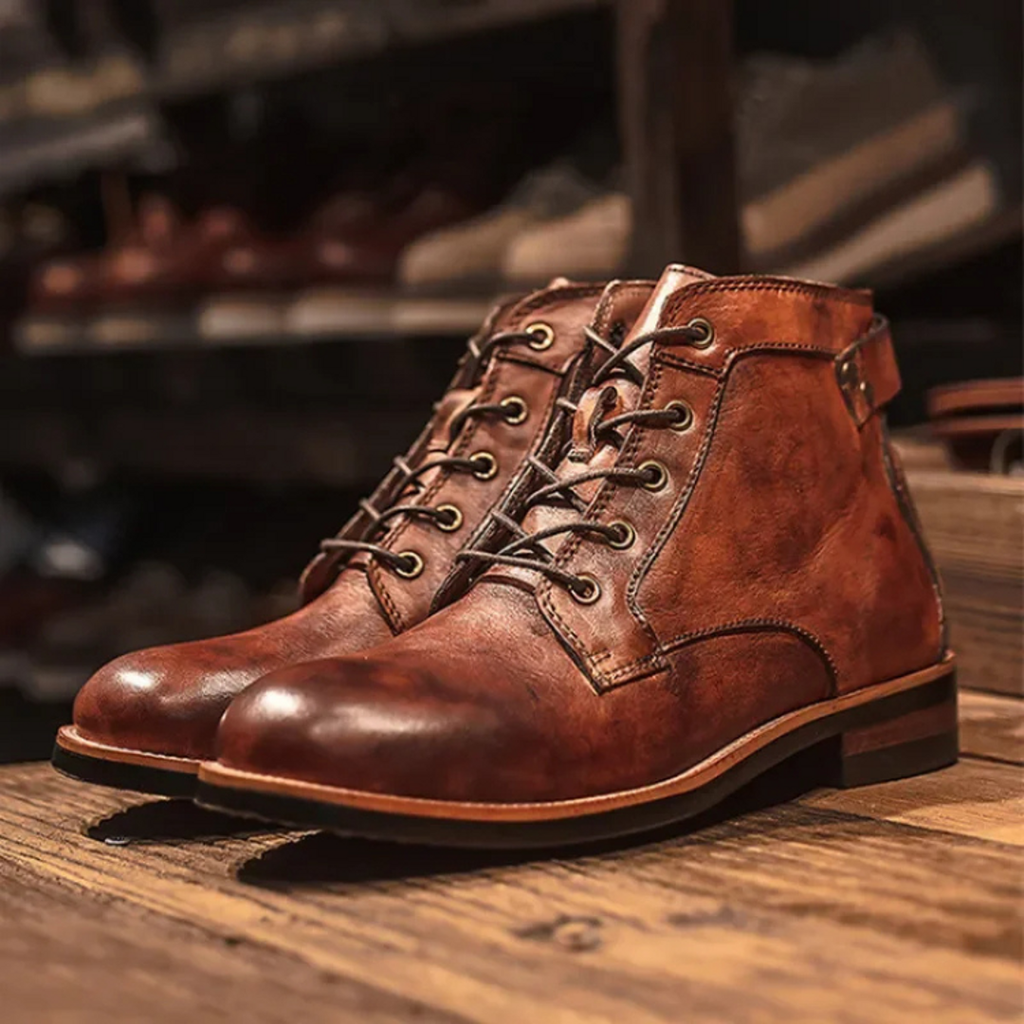 Men's brown lace-up ankle boots with stitched toe