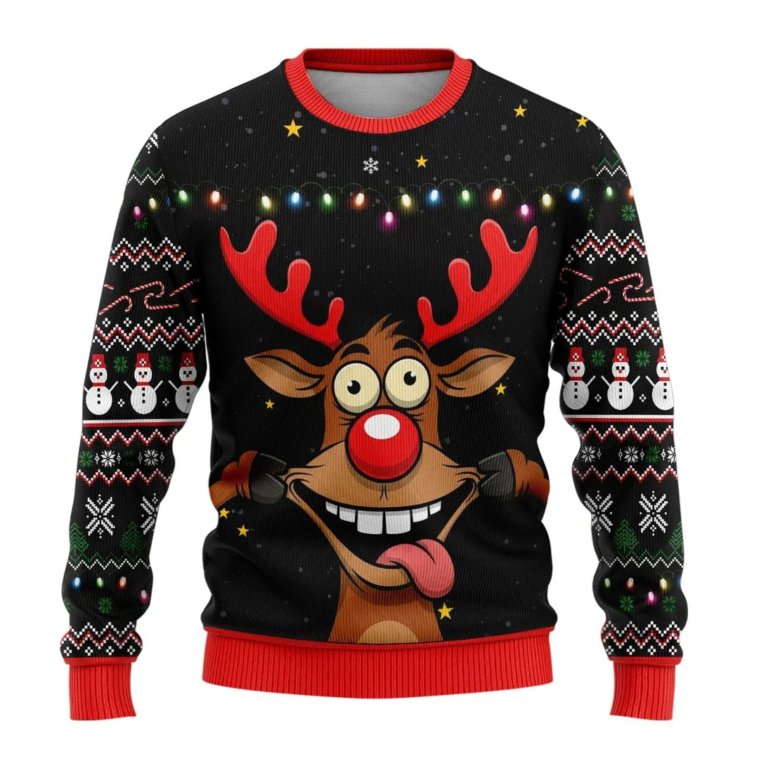 Men's black Christmas sweater with reindeer print