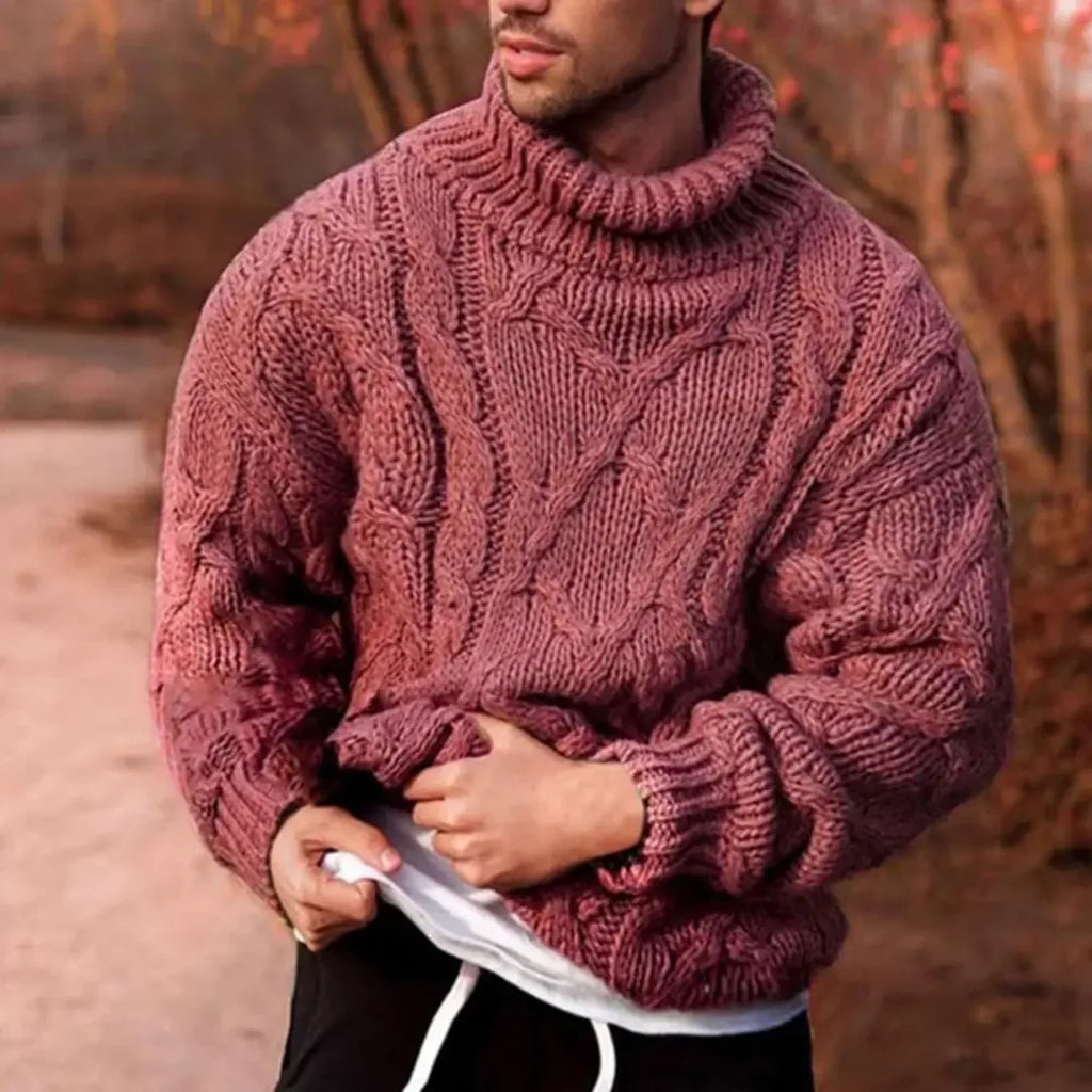 Man wearing a red cable knit turtleneck