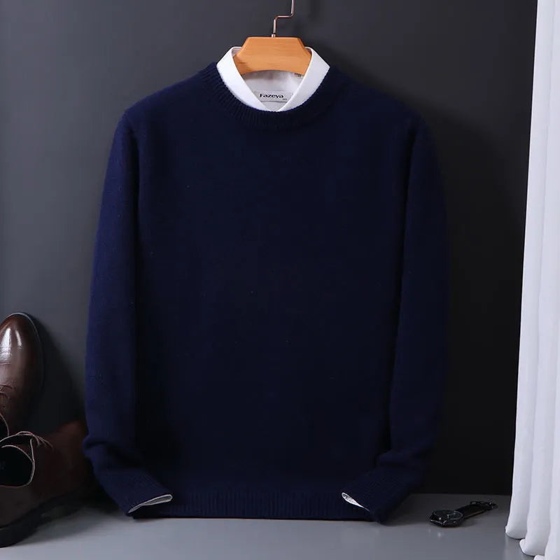 Men's classic crew neck knit sweater in dark blue