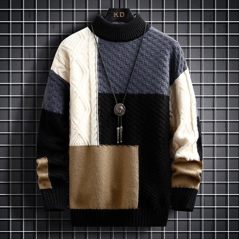 Men's colour block chunky knit sweater in black