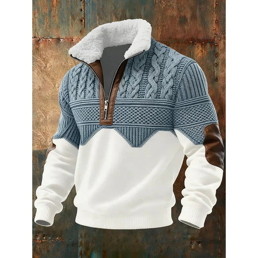Men's Colour Block Half-Zip Sweater with Fluffy Collar for Cold Days