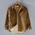 Men's corduroy shirt jacket with plush lining in khaki