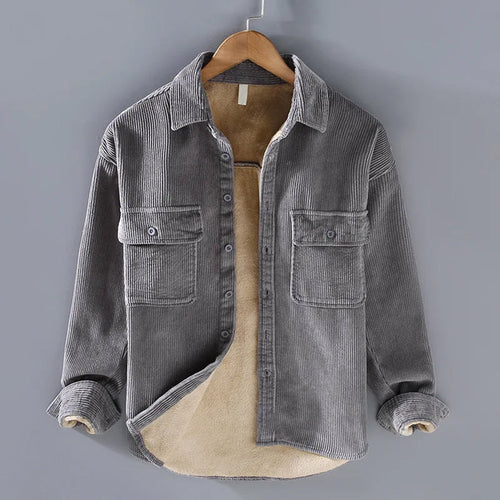 Men's corduroy shirt jacket with plush lining in grey