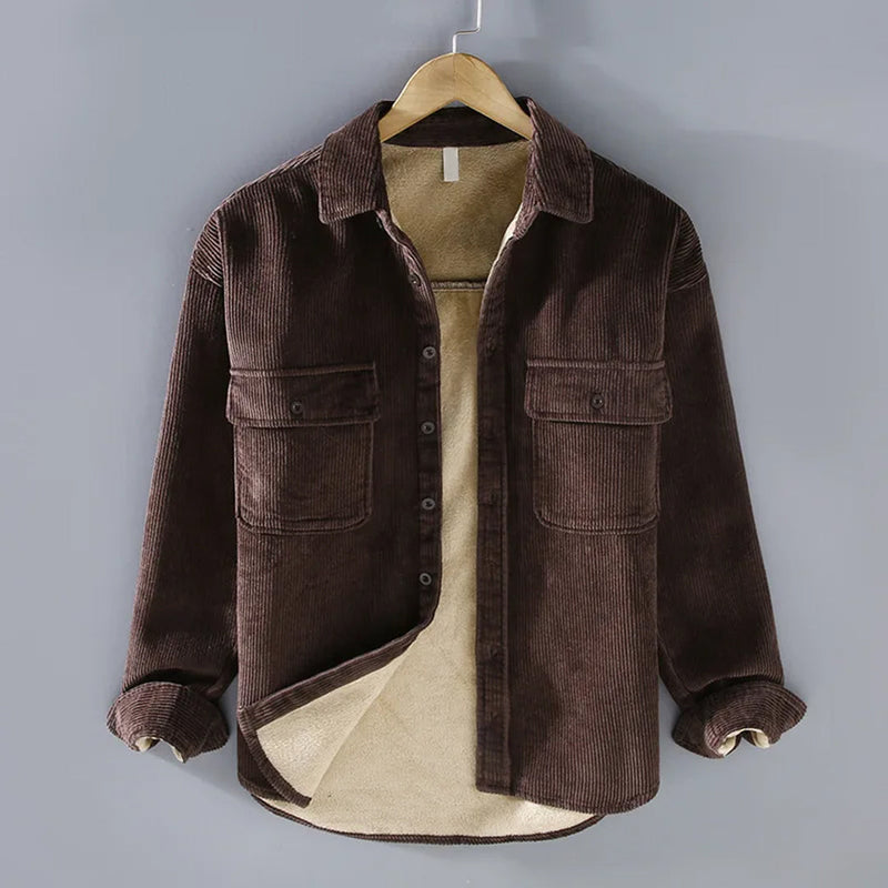 Men's corduroy shirt jacket with plush lining in brown