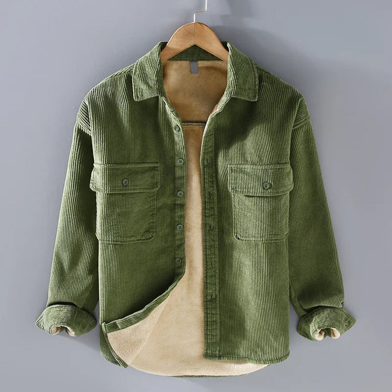 Men's corduroy shirt jacket with plush lining in green