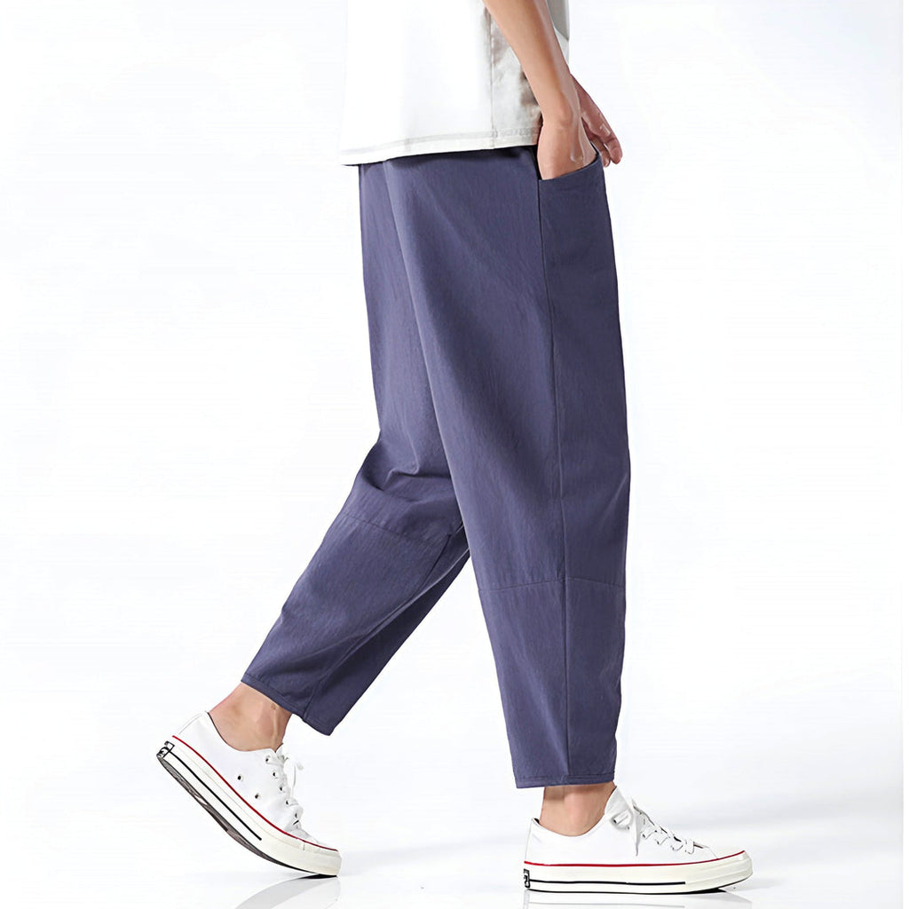 Men's indigo drawstring trousers – side view
