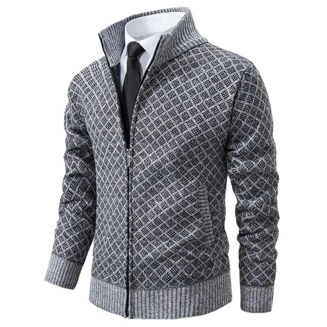 Men's grey diamond knit zip-up cardigan
