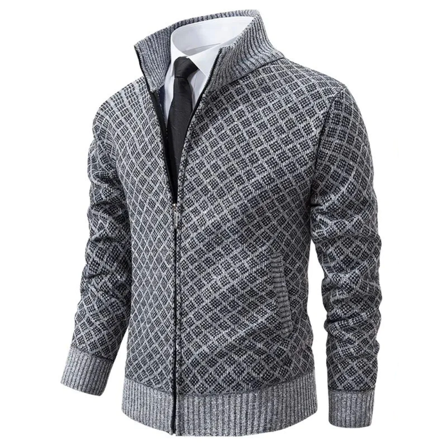 Men's Diamond Knit Zip-Up Cardigan with Stand Collar for Autumn Days