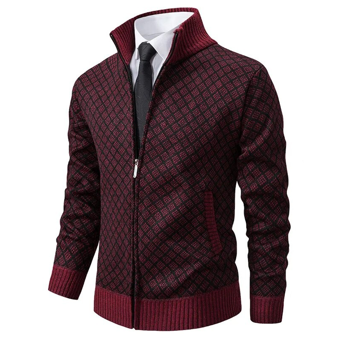Men's burgundy diamond knit zip-up cardigan