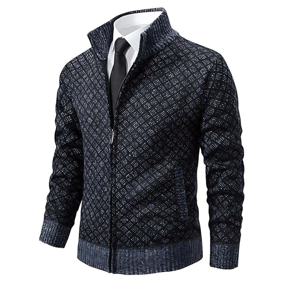 Men's dark grey diamond knit zip-up cardigan