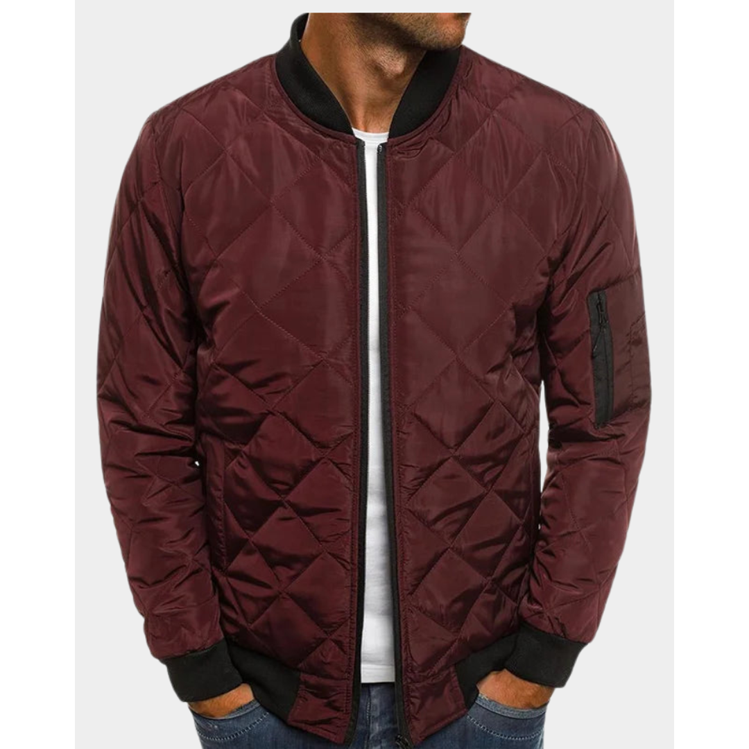 Men's burgundy quilted bomber jacket with sleeve pocket