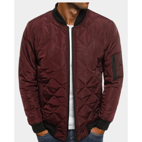 Men's burgundy quilted bomber jacket with sleeve pocket