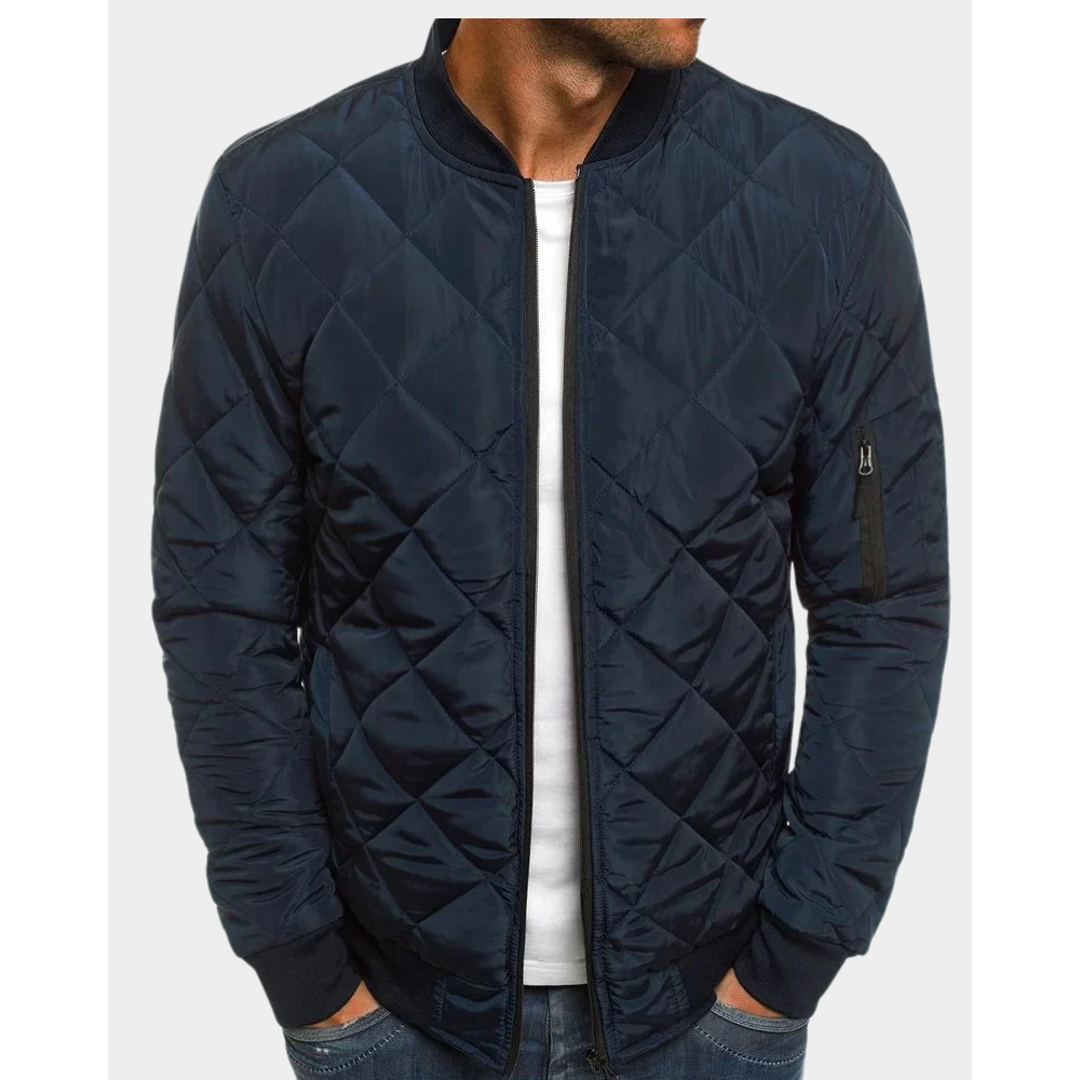 Men's navy quilted bomber jacket with sleeve pocket
