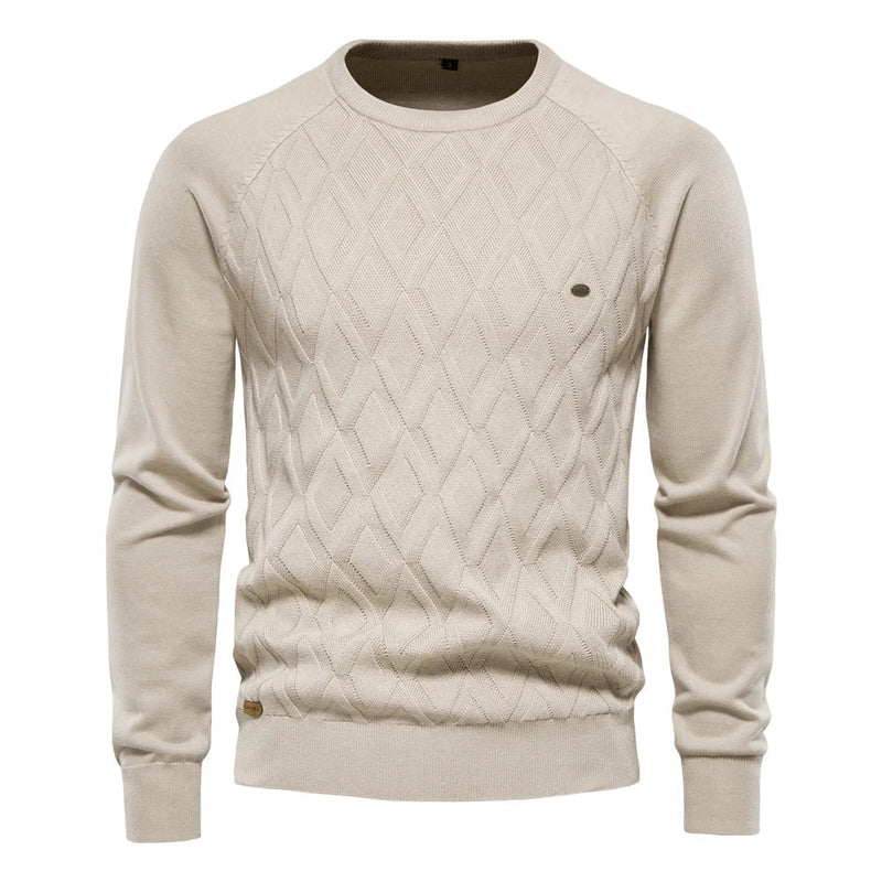 Men's Diamond Textured Knit Sweater with Crew Neck for Autumn Winter