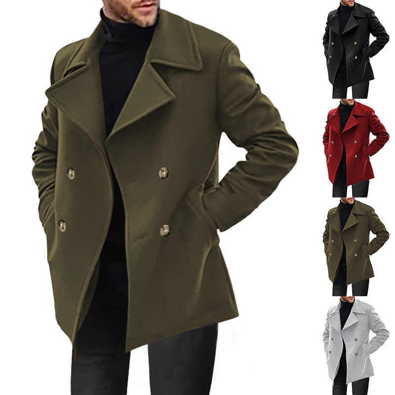 Men's olive green pea coat with colour overview