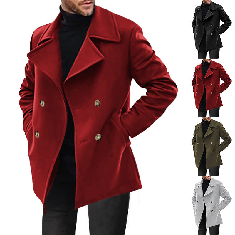 Men's red pea coat with colour overview