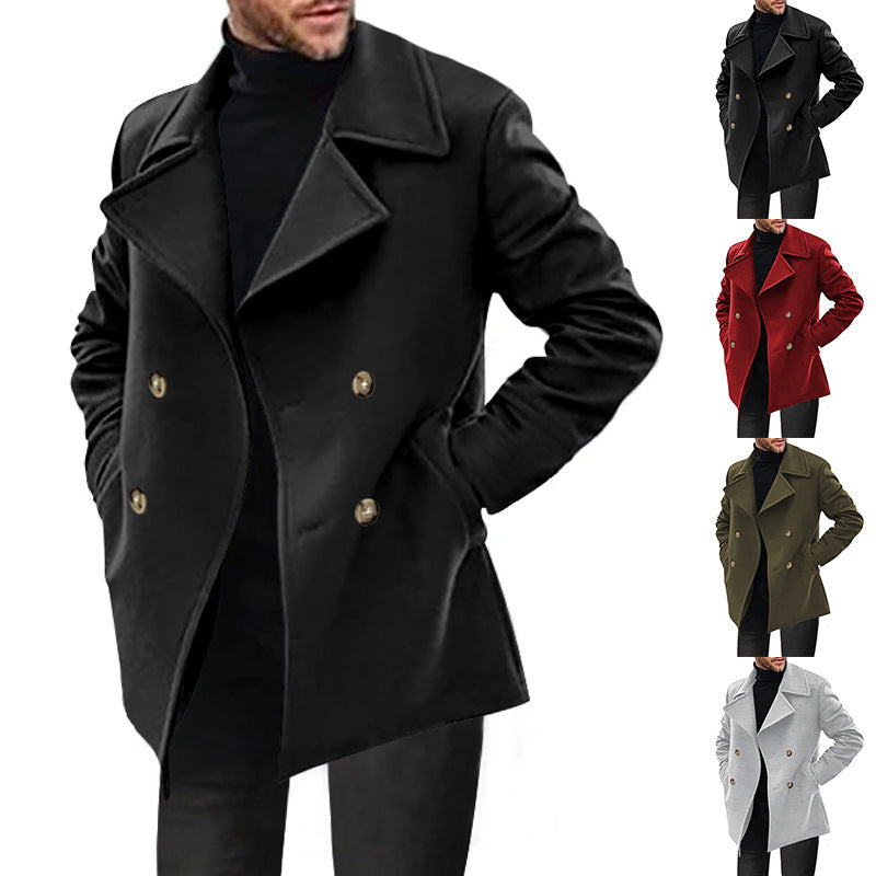 Men's black pea coat with colour overview