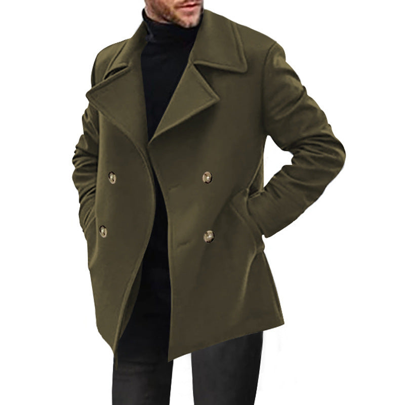 Men's double-breasted pea coat in olive green