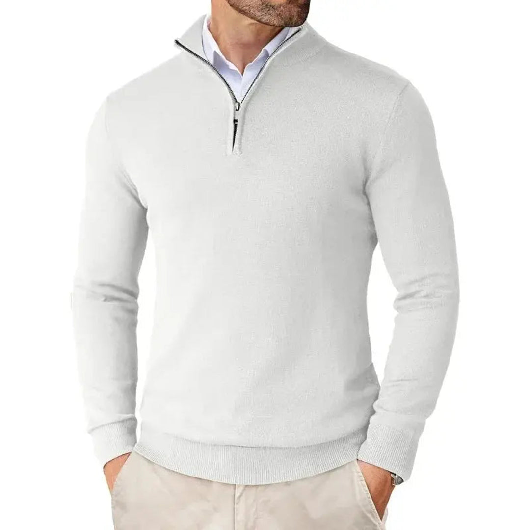 Men's white half-zip knit pullover over a shirt