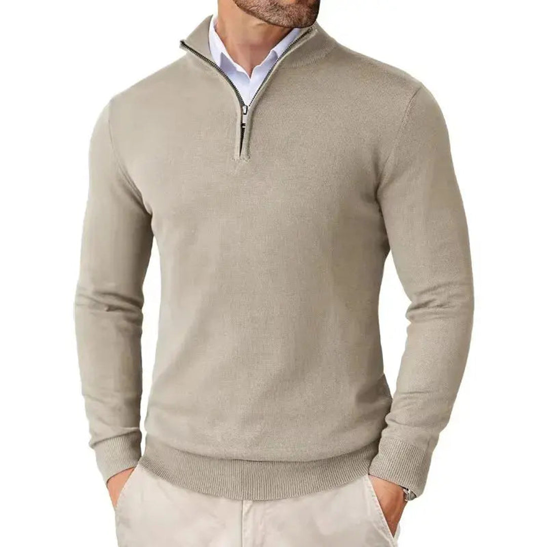 Men's beige half-zip pullover over a shirt