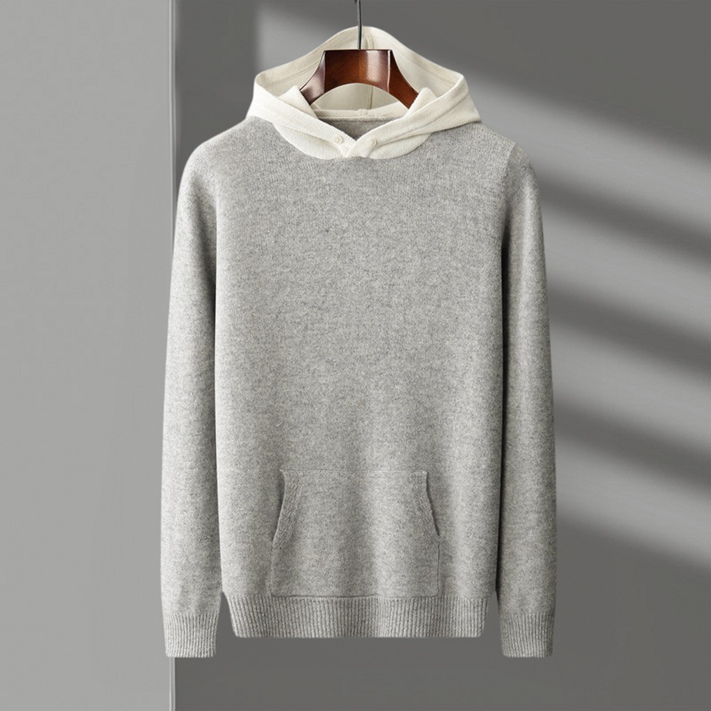 Men's grey fine knit hoodie with contrast hood