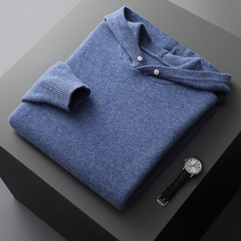 Blue knit hoodie folded