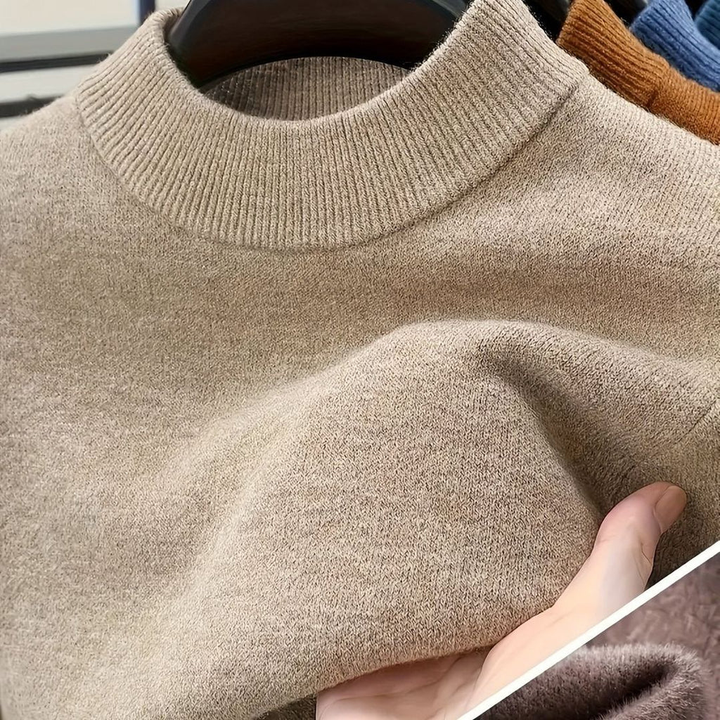 Men's fine knit mock neck sweater in camel, collar close-up